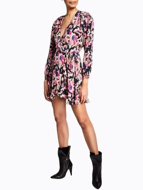 NWT IRO Bloomy Silky Floral Ruffle Trim Long Sleeve Mini Wrap Dress